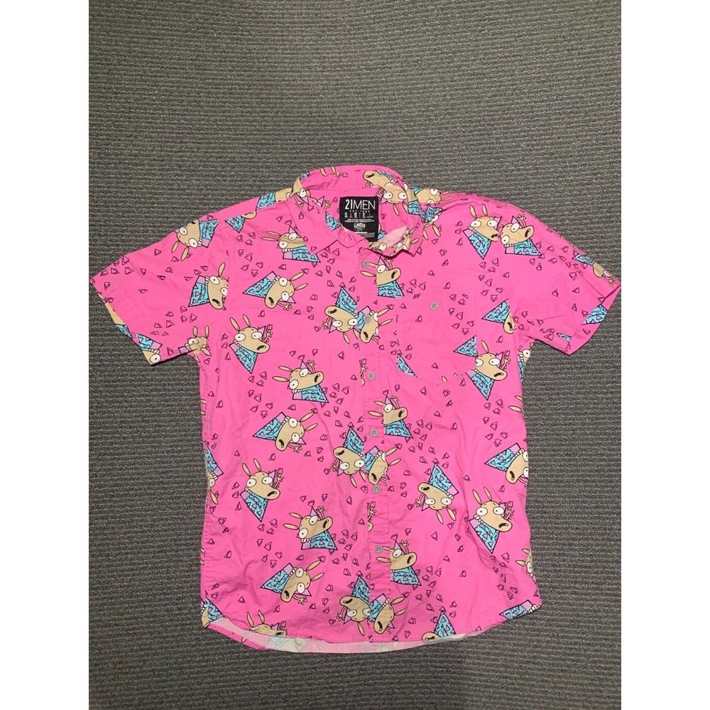 21Men Rocko's Modern Life Pink Short Sleeve Button Up Shirt Men's Size Large